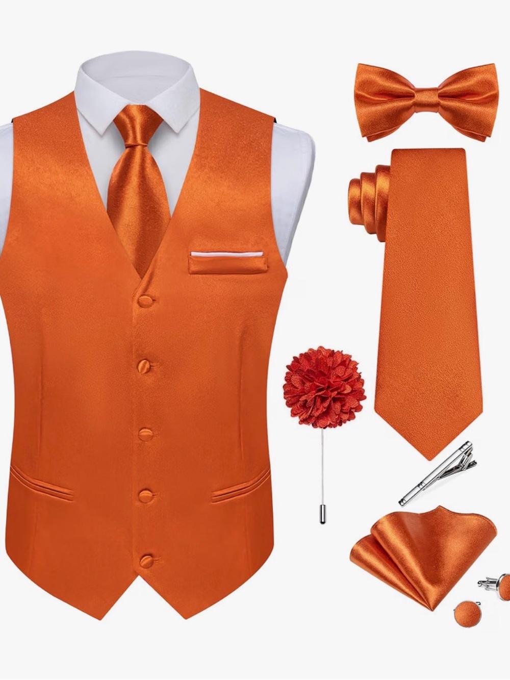 Men’s Orange Satin Vest, Tie & Bow Set